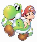  1boy baby_mario boots brown_footwear brown_hair diaper hat highres mario_(series) open_mouth red_headwear saiwoproject short_hair simple_background white_background yoshi yoshi_egg 
