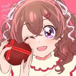  1girl brown_hair candy chocolate delicious_party_precure food hair_ornament hair_ribbon hairclip heart heart-shaped_chocolate heart_hair_ornament highres long_hair nagomi_yui one_eye_closed open_mouth precure purple_eyes ribbon smile solo valentine wavy_hair yufu_kyouko 