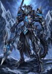  armor black_armor blue_eyes cloud day fantasy full_body furry gauntlets helmet highres holding holding_polearm holding_weapon keselum_(neganeura) mountain original outdoors polearm standing tail weapon 