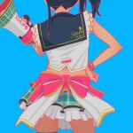  1girl black_hair blue_background blue_nails bracelet character_name english_text from_behind hand_on_hip head_out_of_frame highres holding holding_megaphone jewelry like_it!_love_it! long_hair love_live! love_live!_nijigasaki_high_school_idol_club megaphone pink_nails ribbon side_ponytail solo upper_body ushio_ochinashi yuuki_setsuna_(love_live!) 