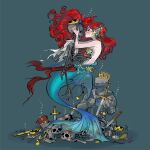  1girl air_bubble ariel_(disney) bone bubble coin compass crown highres jewelry kiddo_hah long_hair mermaid monster_girl necklace red_hair simple_background skeleton skull sword the_little_mermaid weapon 