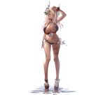  1girl absurdres bangs bare_shoulders belt bikini blonde_hair blush bracelet breasts brown_eyes cleavage commentary_request dark-skinned_female dark_skin draph flower full_body granblue_fantasy hair_flower hair_ornament halterneck hand_up highres horns jewelry kumbhira_(granblue_fantasy) large_breasts long_hair looking_at_viewer navel parted_lips sandals scrunchie simple_background smile standing stomach sweat sweatdrop swimsuit thigh_strap thighs toes wrist_scrunchie yu_pian 