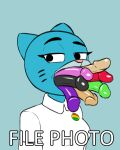  2023 anthro blue_body blue_fur callmewritefag cartoon_network clothed clothing colored colored_sketch digital_drawing_(artwork) digital_media_(artwork) dildo dildo_fellatio dildo_in_mouth domestic_cat english_text felid feline felis female file_photo fur hi_res looking_at_viewer mammal mature_anthro mature_female meme nicole_watterson oral oral_penetration penetration sex_toy sex_toy_in_mouth sex_toy_insertion simple_background sketch solo text the_amazing_world_of_gumball 