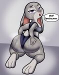  absurd_res anthro big_butt bodily_fluids bottomwear bra buckteeth butt clothing dialogue disney english_text female hi_res hotpants judy_hopps kneeling lagomorph leporid looking_at_viewer looking_back mammal narrowed_eyes open_mouth rabbit shorts solo someth1ngoranother sports_bra sweat teeth text thick_thighs underwear zootopia 