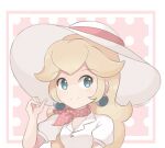  1girl alternate_costume artist_name blonde_hair blue_eyes chocomiru closed_mouth duplicate earrings happy hat jewelry long_hair looking_at_viewer mario_(series) non-web_source pixel-perfect_duplicate polka_dot polka_dot_background portrait princess_peach smile solo super_mario_odyssey 