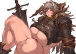  absurd_res armor big_breasts bottomless breastplate breasts cleavage clothed clothing female grey_hair hair hi_res horn horned_humanoid huge_breasts huge_thighs humanoid ibuo melee_weapon red_eyes skimpy skimpy_armor solo sword thick_thighs under_boob weapon 