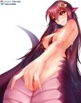  1girl blush breasts clitoris completely_nude female_masturbation fingering hair_ornament hairclip highres lamia large_breasts likunea long_hair masturbation miia_(monster_musume) monster_girl monster_musume_no_iru_nichijou nipples nude orange_eyes pointy_ears pussy scales simple_background solo tail uncensored white_background 