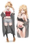  1girl bangs bare_shoulders black_bra black_panties black_thighhighs blonde_hair bra breasts brown_footwear camisole collarbone fate/apocrypha fate_(series) full_body grey_shorts hair_over_one_eye highres long_hair long_sleeves looking_at_viewer midriff mordred_(fate) mordred_(fate/apocrypha) multiple_views navel off_shoulder panties red_camisole shorts sidelocks small_breasts smile thighhighs tonee underwear 