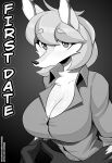  absurd_res anthro big_breasts breasts canid canine cleavage clothed clothing comic cooliehigh dress_shirt female fox fully_clothed greyscale hair hi_res looking_at_viewer mammal monochrome shirt solo topwear translucent translucent_hair 