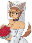  1girl animal_ears artist_request bouquet breasts bridal_veil bride chest_tuft choker claws cleavage collarbone detached_sleeves dog_ears dog_girl dog_tail dress fang fang_out fingernails flower furry furry_female greyscale highres holding holding_bouquet large_hands long_fingernails monochrome monster_musume_no_iru_nichijou non-web_source off-shoulder_dress off_shoulder petals polt red_flower red_rose rose sharp_fingernails short_hair sketch smile solo tail veil wedding wedding_dress white_dress 