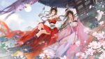  2girls absurdres bare_legs bare_shoulders bell blue_sky boots branch brown_hair building chi_lian_(qin_shi_ming_yue) dress dual_persona flower gongzi_qi hair_bun highres jacket mountain multi-tied_hair multiple_girls o-ring off-shoulder_dress off_shoulder pink_jacket qin_shi_ming_yue red_dres second-party_source sky stairs tiara white_dress wind 