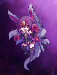  1girl :d artist_name blush_stickers boots chaoschao choker claw_pose claws commentary desco_(disgaea) detached_sleeves disgaea dress extra_eyes full_body gloves hair_between_eyes horns looking_at_viewer makai_senki_disgaea_4 monster_girl purple_choker purple_dress purple_footwear purple_hair purple_sleeves red_eyes red_gloves red_horns ringed_eyes sharp_teeth short_hair signature simple_background sleeveless sleeveless_dress slit_pupils smile solo tail teeth tentacles thigh_boots upper_teeth_only 