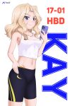  1girl absurdres acronym acrux artist_logo bike_shorts black_shorts blonde_hair blue_eyes cellphone character_name closed_mouth commentary cowboy_shot dated emblem english_commentary girls_und_panzer groin hair_intakes happy_birthday highres holding holding_phone kay_(girls_und_panzer) looking_at_viewer medium_hair midriff navel phone saunders_(emblem) shirt shorts simple_background smartphone smile solo standing tank_top thumb_in_beltline white_background white_shirt 