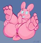  anthro anus ass_up backsack balls buckteeth butt cartoon_network cchilab erection feet fur genitals hi_res lagomorph legs_up leporid lying male mammal nude on_back overweight overweight_male penis pink_body pink_fur rabbit richard_watterson smile solo teeth the_amazing_world_of_gumball 