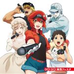  2girls 3boys :d ae-3803 ahoge apron artist_request bangs baseball_cap belt belt_buckle black_eyes black_hair black_headwear black_shirt blonde_hair blue_eyes blue_shorts blush breasts brown_eyes buckle cabbie_hat closed_eyes common_cell_(hataraku_saibou) covered_navel cowboy_shot cropped_jacket denim denim_shorts dress dual_wielding empty_eyes eyelashes foreshortening giving gloves hair_between_eyes hair_over_one_eye hat hataraku_saibou highres holding holding_microphone jacket killer_t_(hataraku_saibou) lactobacillus_(hataraku_saibou) large_breasts light_brown_hair lips long_hair looking_at_viewer macrophage_(hataraku_saibou) medium_breasts microphone midriff_peek mob_cap multiple_boys multiple_girls muscular muscular_male music navel official_art pale_skin pink_lips red_belt red_blood_cell_(hataraku_saibou) red_hair red_headwear red_jacket shaded_face shirt short_hair shorts simple_background singing smile teeth title translated u-1146 uniform upper_teeth_only white_apron white_background white_blood_cell_(hataraku_saibou) white_dress white_gloves white_hair white_headwear white_shirt yellow_eyes 