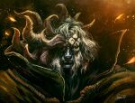  1boy andrea_guardino artist_name asymmetrical_horns closed_mouth collar commentary elden_ring english_commentary highres horns looking_at_viewer male_focus monochrome morgott_the_omen_king portrait robe signature solo yellow_eyes 