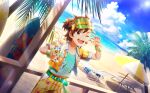  1boy beach belt blue_sky bracelet brown_hair buttons cherry cloud cup drink drinking_straw fingernails food fruit hat highres holding holding_cup holding_food holding_fruit ice ice_cube idolmaster idolmaster_side-m idolmaster_side-m_live_on_stage! jewelry looking_at_viewer male_child male_focus male_swimwear midriff_peek ocean official_art one_eye_closed open_mouth palm_tree see-through_headwear short_sleeves sky surfboard swim_trunks tachibana_shiro_(idolmaster) teeth tree umbrella upper_teeth_only 