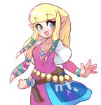  1girl absurdres belt blonde_hair blue_eyes bracelet brown_belt dress highres jewelry long_hair nin10ja open_mouth pink_dress pointy_ears princess_zelda simple_background the_legend_of_zelda white_background 