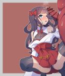 2023 accessory blue_eyes blush censored clothed clothing crouching demon female genitals hair hair_accessory hi_res human ineffective_censorship male male/female mammal penis red_body semiitu 