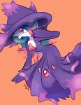  1girl dress gardevoir green_hair hair_over_one_eye hat highres krystalstar70 mismagius orange_background pokemon pokemon_(creature) purple_dress purple_headwear red_eyes simple_background witch_hat 