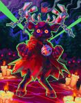  artist_name bell candle chain cult_of_the_lamb english_commentary fire furry gloves glowing glowing_eyes grungesniper highres hooves horns jingle_bell lamb looking_at_viewer pentagram red_eyes ringed_eyes sheep smoke standing summoning the_lamb_(cult_of_the_lamb) tree 