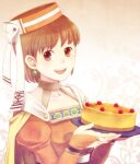  1girl atelier_(series) atelier_elie brown_eyes brown_hair cake cheesecake collarbone dangle_earrings dress earrings elfir_traum food holding holding_cake holding_food jewelry long_sleeves open_mouth orange_dress orange_headwear plate shio_(orange_lounge) solo teeth upper_teeth_only 