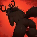  ai_generated anthro antlers anus biceps black_body black_fur blush butt clothed clothing deer digital_media_(artwork) fur hair horn looking_at_viewer male mammal muscular muscular_anthro muscular_male nude simple_background solo thong underwear 