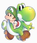  1boy baby_luigi boots brown_footwear brown_hair crying crying_with_eyes_open diaper green_headwear hat highres mario_(series) saiwoproject shell short_hair simple_background tears white_background yoshi yoshi_egg 