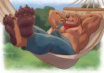  2023 absurd_res adios anthro bear belly clothing detailed_background eyes_closed hammock hi_res little_bear lying male mammal moobs musclegut nipples overalls overweight overweight_male solo uncle_rusty_(little_bear) 