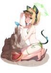  1girl animal_ears ass bangs bikini blonde_hair blue_archive bow breasts bucket cat_tail collarbone fake_animal_ears feet from_side full_body green_bikini green_eyes hair_bow halterneck hands_up headphones holding legs looking_at_viewer mannack medium_hair midori_(blue_archive) sand sand_castle sand_sculpture sandals shiny_skin shovel side-tie_bikini_bottom sidelocks simple_background skindentation small_breasts soles solo string_bikini sweatdrop swimsuit tail thigh_strap thighs toes visor_cap white_background 