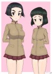  2girls arms_behind_back artist_name bangs black_eyes black_hair blunt_bangs blunt_ends blush bob_cut brown_jacket bukkuri chi-hatan_school_uniform closed_mouth dated frown girls_und_panzer high_collar jacket long_sleeves looking_at_viewer miniskirt multiple_girls nishihara_yasoko pleated_skirt red_skirt school_uniform short_hair signature skirt smile standing uenishi_chiyoko 