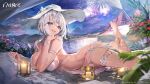  1girl agoto alchemy_stars azure_(alchemy_stars) bare_shoulders barefoot bikini blanket blue_eyes blurry blurry_foreground breasts candle cloud company_name copyright_name fireworks flower grey_hair hat highres lake large_breasts long_hair looking_at_viewer lying mountainous_horizon navel official_art on_side open_mouth outdoors pillow smile solo sun_hat swimsuit thigh_strap water white_bikini white_headwear wristband 