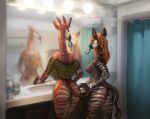  absurd_res anthro bathroom big_butt bottomless breasts brown_body brown_fur butt clothed clothing duo female female/female fur genevieve_lykelle giraffid hair hi_res horn inside long_tongue mammal maneframe mirror mirror_reflection nipples nude okapi orange_hair ossicone rear_view reflection steam striped_body striped_fur stripes tail tail_tuft tongue tongue_out tuft 