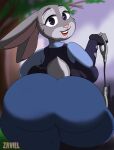  2023 anthro artist_name big_butt bottomwear butt clothed clothing cuff_(restraint) disney female fur grey_body grey_fur handcuffs huge_butt judy_hopps lagomorph leporid looking_at_viewer looking_back mammal metal_cuffs open_mouth partially_clothed pink_nose purple_eyes rabbit restraints scut_tail short_tail smile solo tail teeth thick_thighs tongue topwear white_body white_fur zaviel zootopia 