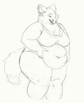  2019 anthro belly big_belly bra breasts canid canine cettus clothed clothing eyes_closed female fox holding_stomach mammal obese obese_anthro obese_female open_mouth overweight overweight_anthro overweight_female partially_clothed sketch smile solo standing underwear underwear_only 