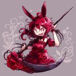  1girl :d animal_ears arm_up bangs blood blood_on_weapon commentary_request criss-cross_halter cropped_legs crossed_bangs dress fang flower grey_background hair_between_eyes hair_flower hair_ornament halterneck hands_up holding holding_scythe holding_weapon long_hair looking_at_viewer off-shoulder_dress off_shoulder open_mouth original painttool_sai_(medium) puffy_short_sleeves puffy_sleeves rabbit_ears rabbit_tail rakuni red_dress red_eyes red_flower red_hair red_rose red_scrunchie red_tail rose sanpaku scrunchie scythe short_sleeves smile solo sparkle tail thorns weapon 