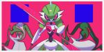  absurdres black_sclera blurry border colored_sclera commentary_request highres holding holding_weapon iron_valiant looking_at_viewer pink_background pink_eyes pokemon pokemon_(creature) saiku_(zvlku) spikes weapon 