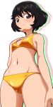  1girl bangs bikini black_eyes black_hair blush breasts closed_mouth commentary cowboy_shot girls_und_panzer gogopaint gold_bikini groin halterneck hand_on_own_chest highres looking_at_viewer navel short_hair silhouette simple_background small_breasts smile solo standing swimsuit utsugi_yuuki white_background 