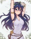  1girl arm_up armlet armpits blue_eyes blue_hair blush breasts commentary dress english_commentary fire_emblem fire_emblem_awakening fire_emblem_heroes flower hair_between_eyes head_wreath highres jewelry leaf long_hair looking_at_viewer lucina_(fire_emblem) lucina_(valentine)_(fire_emblem) medium_breasts official_alternate_costume petals purrlucii signature sleeveless sleeveless_dress smile solo white_dress white_flower 