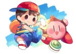  1boy :d backpack bag baseball_cap black_hair blue_shirt blue_shorts blue_sky blush closed_mouth commentary_request full_body hat high_five hitofutarai holding kirby kirby_(series) male_focus mother_(game) mother_2 multicolored_clothes ness_(mother_2) open_mouth red_footwear red_headwear shirt shoes short_hair short_sleeves shorts sideways_hat sky smile socks solid_oval_eyes striped striped_shirt super_smash_bros. t-shirt two-tone_shirt white_background white_socks yellow_shirt yo-yo 