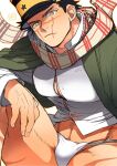  1boy bara black_hair fundoshi golden_kamuy hat highres japanese_clothes kepi large_pectorals male_focus military_hat muscular muscular_male onnomono pectorals scar scar_on_cheek scar_on_face scar_on_nose scarf shirt short_hair solo sugimoto_saichi thick_thighs thighs white_shirt 