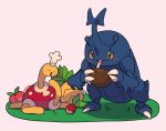  blush bowl chef_hat closed_eyes clothed_pokemon commentary_request drinking drinking_straw grass hat heracross holding no_humans open_mouth pokemon pokemon_(creature) shuckle tyako_089 u_u 