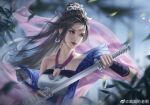  1girl absurdres bare_shoulders black_hair chi_lian_(qin_shi_ming_yue) closed_mouth earrings facial_mark falling_leaves floating_clothes forehead_mark glint highres holding holding_sword holding_weapon huahua_de_lao_fei jewelry leaf long_hair long_sleeves o-ring_dress qin_shi_ming_yue realistic sheath solo sword tiara unsheathing upper_body weapon 