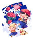  &gt;_&lt; 2boys :d ^_^ arms_up backpack bag baseball_bat baseball_cap black_hair blonde_hair blue_shirt blue_shorts blue_sky blush closed_eyes closed_mouth cloud commentary_request day ears_down eating food fruit full_body hat hitofutarai holding holding_baseball_bat holding_food kirby kirby_(series) lucas_(mother_3) male_focus mother_(game) mother_2 mother_3 multicolored_clothes multiple_boys ness_(mother_2) open_mouth pikachu pokemon pokemon_(creature) quiff red_eyes red_footwear red_headwear shirt shoes short_hair short_sleeves shorts sideways_hat simple_background sky smile socks solid_oval_eyes striped striped_shirt super_smash_bros. t-shirt two-tone_shirt watermelon white_background white_socks yellow_shirt 