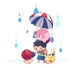  1boy :3 backpack bag baseball_cap black_hair blue_shirt blue_shorts blush closed_eyes closed_mouth commentary_request doseisan full_body hat hat_removed headwear_removed hitofutarai holding holding_clothes holding_hat holding_umbrella kirby kirby_(series) mother_(game) mother_2 multicolored_clothes ness_(mother_2) open_mouth pikachu pokemon pokemon_(creature) rain red_headwear shirt short_hair short_sleeves shorts simple_background smile socks solid_oval_eyes standing striped striped_shirt super_smash_bros. t-shirt two-tone_shirt umbrella water white_background white_socks yellow_shirt 