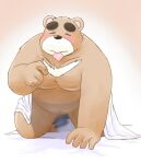  2021 2023 anthro bear bedding belly blanket blush censored condom condom_in_mouth humanoid_hands inu_to_kuma inuryu kemono male mammal moobs object_in_mouth overweight overweight_male sexual_barrier_device solo tomobiki_subaru 