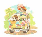  4boys :d animal_crossing bangs baseball_cap black_eyes black_hair blonde_hair blue_sky blush brown_hair closed_mouth cloud commentary_request day driving green_headwear ground_vehicle hat hitofutarai kirby kirby_(series) link looking_back looking_to_the_side looking_up lucas_(mother_3) mother_(game) mother_2 mother_3 motor_vehicle multicolored_clothes multiple_boys ness_(mother_2) open_mouth pointy_ears red_headwear red_shirt shirt short_hair short_sleeves sidelocks sideways_hat simple_background sky smile solid_oval_eyes striped striped_shirt super_smash_bros. sweatdrop t-shirt the_legend_of_zelda the_legend_of_zelda:_the_wind_waker toon_link tree two-tone_shirt van villager_(animal_crossing) white_background yellow_shirt 