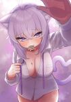  1girl absurdres ahoge animal_ear_fluff animal_ears blush breasts cat_ears cat_girl cat_tail chocolate chocolate_on_body chocolate_on_breasts cleavage food_in_mouth food_on_body heart heart_tail highres hololive large_breasts looking_at_viewer naked_shirt nekomata_okayu purple_eyes purple_hair purple_ribbon ribbon shirt smile solo tail tkc_(user_snjd8547) valentine virtual_youtuber white_shirt 