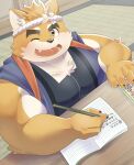  2023 absurd_res amidasuke anthro book canid canine canis clothed clothing detailed_background domestic_dog hi_res humanoid_hands japanese_text kemono male mammal musashi_(tamacolle) one_eye_closed overweight overweight_male solo tamacolle text wink 