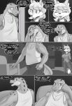  absurd_res alligator alligatorid anthro bottomwear canid canine chair cheek_tuft clothed clothing comic cooliehigh crocodilian duo facial_tuft female fox furniture greyscale hair hand_on_head hi_res inside male mammal monochrome open_mouth pants reptile scalie shirt speech_bubble tank_top topwear tuft 